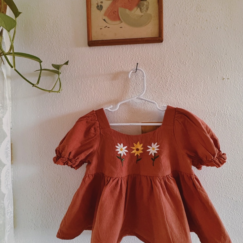 Rust Orange Kids Top with Floral Embroidery